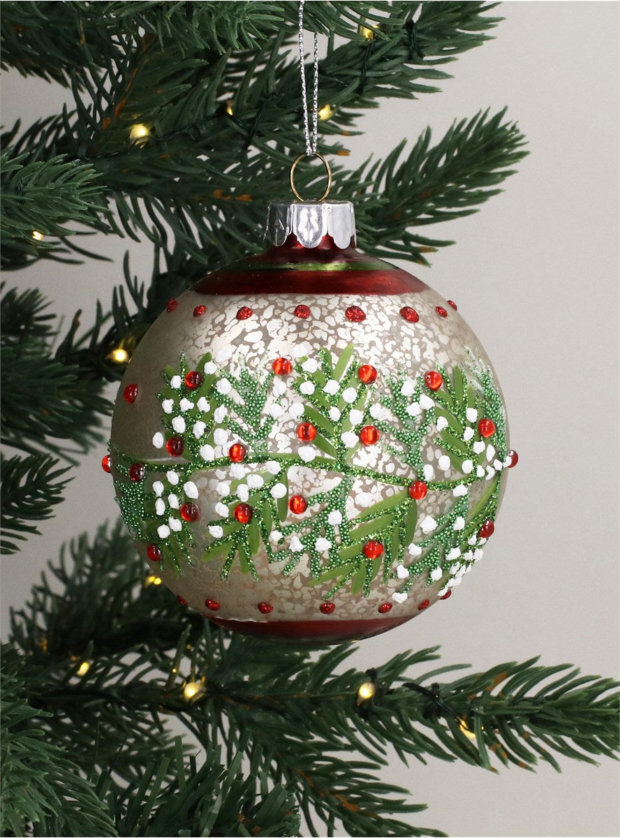 Bauble - Antique White with Red & White Berry Details