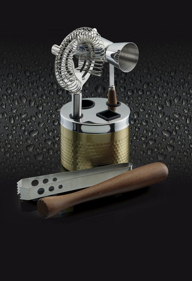 Five Piece Hammered Brass Finish Cocktail Tool Set