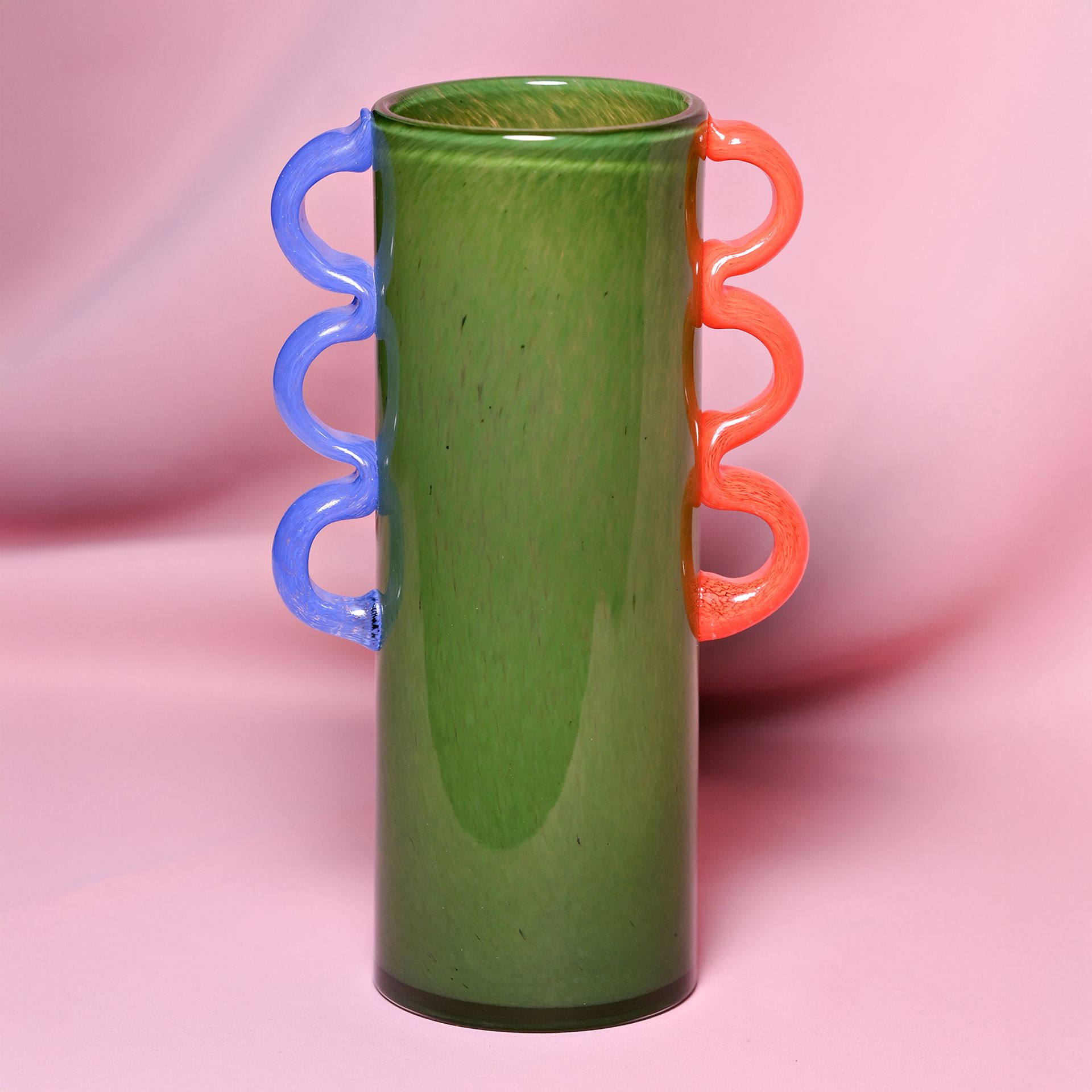 Raspberry Blossom | Green Glass Vase with Wavey Handles