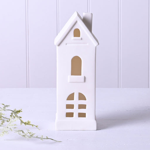 White Ceramic LED Tall House Ornament