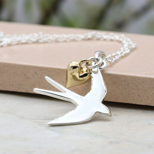 Silver Plated Swallow Necklace with Golden Heart