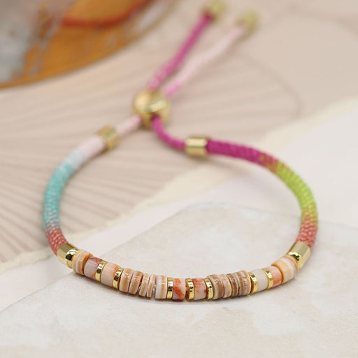 Pink Mix Cord Bracelet With Semi-Precious And Brass Beads