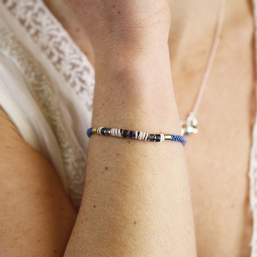 Blue Mix Cord Bracelet With Semi-Precious And Brass Beads