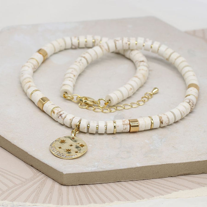 White Bead Necklace With Golden Star Disc Pendant
