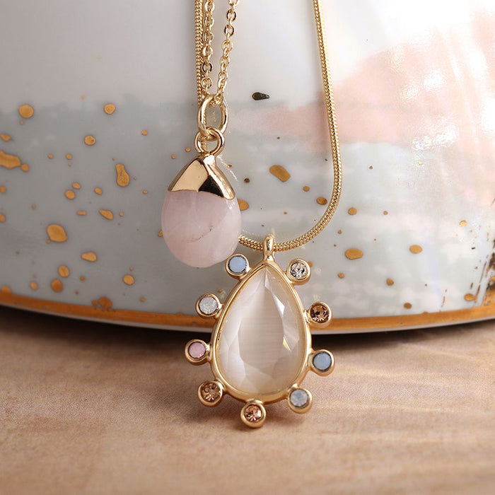 Double Layer Golden Necklace With Pastel And Quartz Teardrop