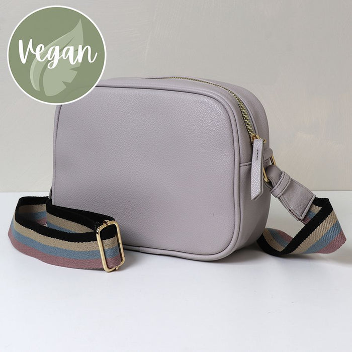 Pink/Grey Vegan Leather Camera Bag with Stripe Strap