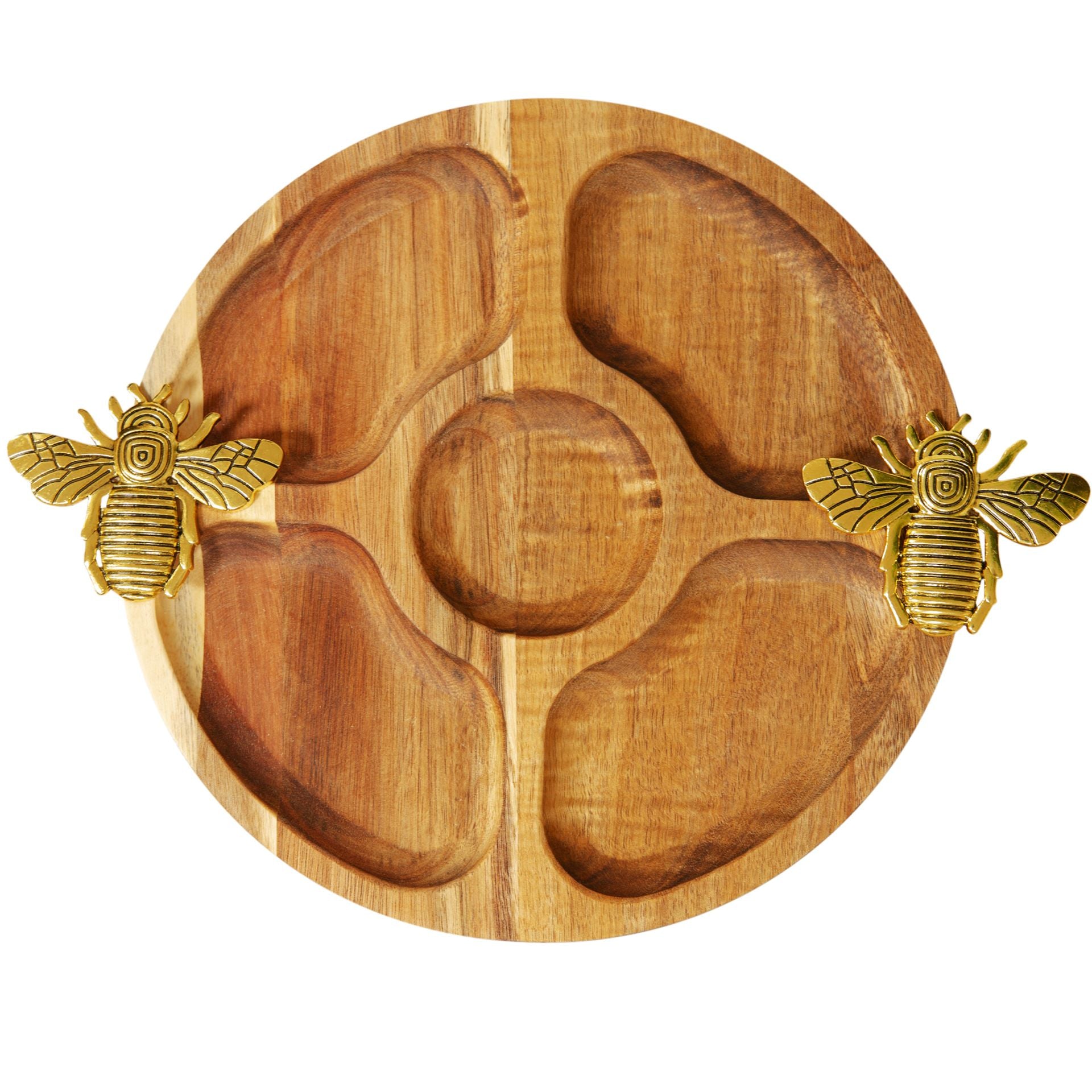 Round Acacia Nibbles Tray Bee Design